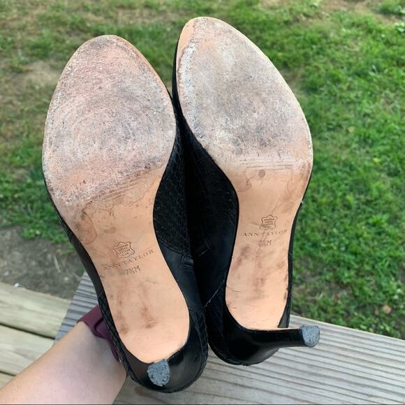 Ann Taylor Black Leather Stiletto Booties Faux Snakeskin - Picture 6 of 8